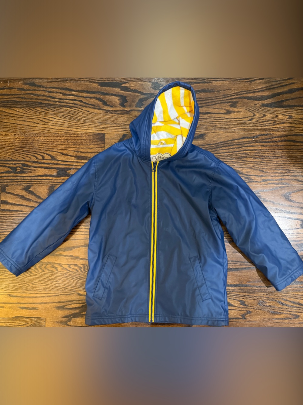 Hatley Navy Raincoat with Yellow Striped Hood